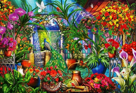 Tropical Green House - butterfly, colors, dove, flowers, painting, peacock
