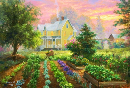 Summer Garden - artwork, cottage, garden, painting, trees, vegetables