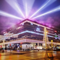 A nighttime lightshow put on at the Citycenter Mall in Helsinki, Finland