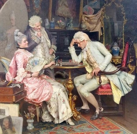 Chess - woman, sah, art, man, arturo ricci, people, dress, hand fan, pink, painting, pictura, game, chess, evantai