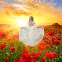 Whimsical Wanderer: A Woman Amidst Red Poppies