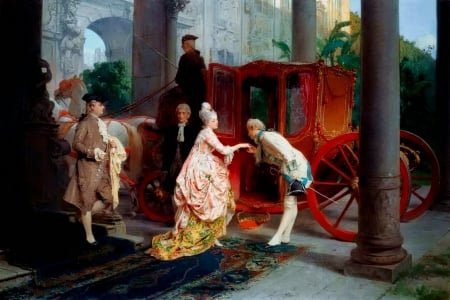 Adios, Senora! - carriage, pictura, couole, people, red, painting, eduardo leon garrido, art