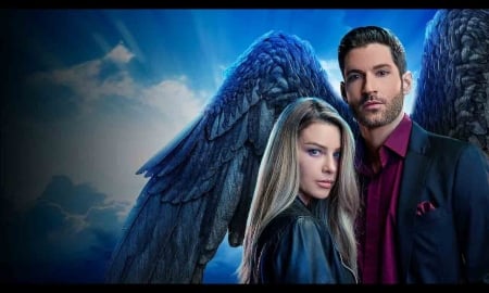 Lucifer 2016 - - actor, people, poster, blue, tv series, chloe, afis, man, actress, lucifer, fantasy, woman, wings, lauren german, couple