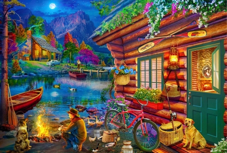 Camping - artwork, blcycle, boat, cabin, campfire, dog, evening, man, moon, painting, river