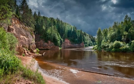 River Before Storm - storm, cliffs, river, Latvia