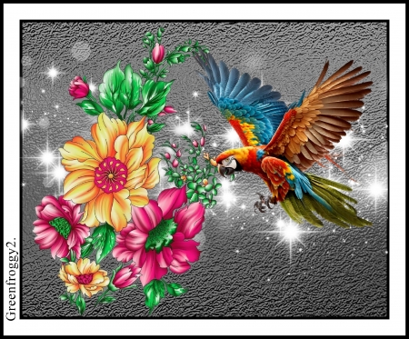 FLOWERS AND PARROT ON SPARKLES