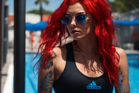 Girl_whithe tattoo - girl, red, swimsuit, tattoo