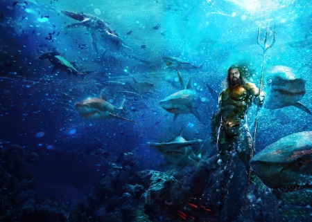 Aquaman 2018 - actor, comics, blue, water, poster, afis, man, aquaman, underwater, movie, fish