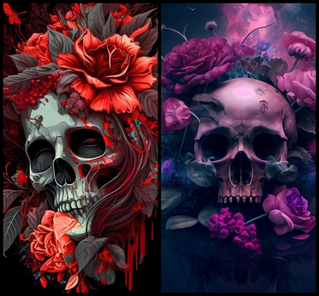 :) - fantasy, purple, red, collage, flower, art, skull, bones