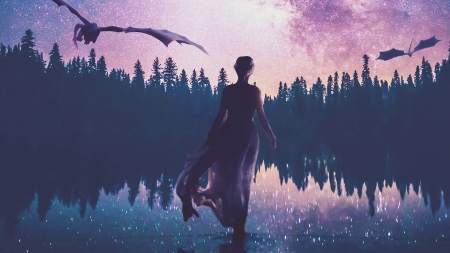 Daenerys - game of thrones, water, blue, evening, silhouette, reflection, pink, stars, daenerys targaryen, fantasy, sunset, dragon, lake