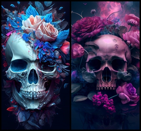 :) - blue, collage, flower, pink, skull, fantasy, purple, art, bones