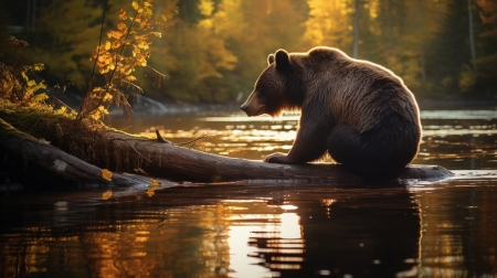 Brown bear hunting salmon - alaszka, barna medve, emlos, erdo, fak, fatorzson ulo barna medve, folyo, halaszat, lazac, napfeny, termeszet, vadvilag