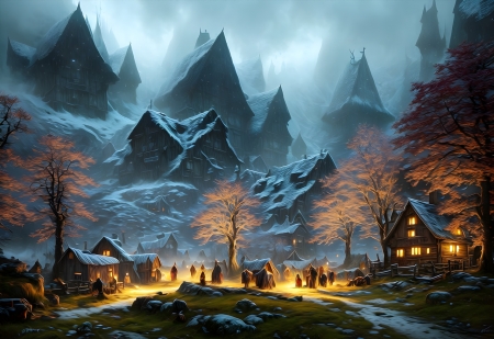 Mountain village - emberek, epuletek, eszaki, fak, falu, hazak, hegyek, hegyi falu, ho, lampak