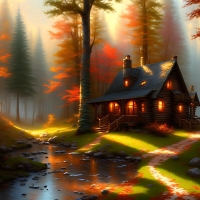 Autumn forest log house