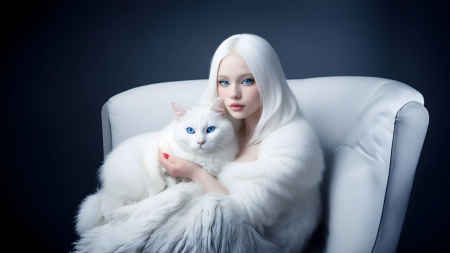 Blue eyed girl and the white kitten - feher szor, divat, macska, osz haj, elbuvolo, modell, elegans, feher szoru, vilagoskek szemek, bolyhos, lany