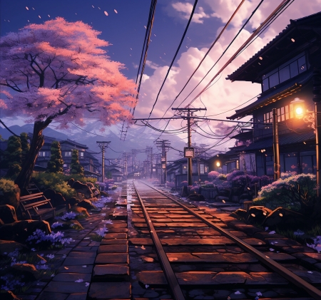 Railway line - cseresznye virag, fak, hazak, nagy vasut vonal, padok, sotet bibor, szallitas, utcai jelenet, varosi, vasut