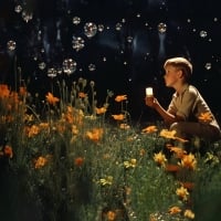 Boy in Field of Flowers blowing Bubbles - 4K