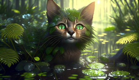 Magical Cat in a Pond - animal, green, eyes, sweetness, Cat, digital art, water, pond