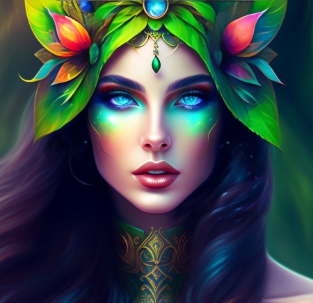 ❦ - Woman, Magical garden, Colorful, Green eyes, Fantasy art