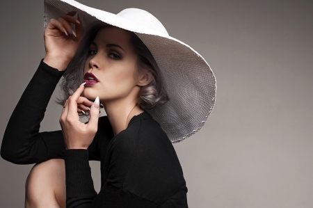 :) - black, white, model, blonde, face, girl, hat, woman