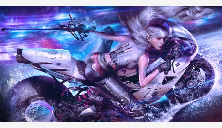 Fantasy girl - motorcycle, fantasy, shadowrun, purple, blue, cyberpunk, girl, art