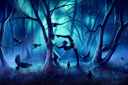 Dancing Zodiac ~ Scorpio - bird, scorpio, ballerina, dancer, blue, cyril rolando, girl, forest, tree, pasari, fantasy, aquasixio, dancing zodiac, dance, zodiac, art