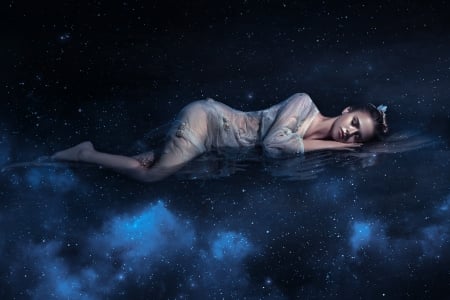 :) - water, blue, girl, night, stars, reflection, black, sleep, sky