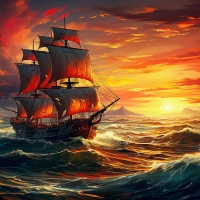 Pirate Ship Sailing Towards Sunset