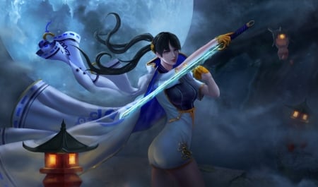 Fantasy girl - moon, fantasy, blue, girl, noir r, sword, night, luna