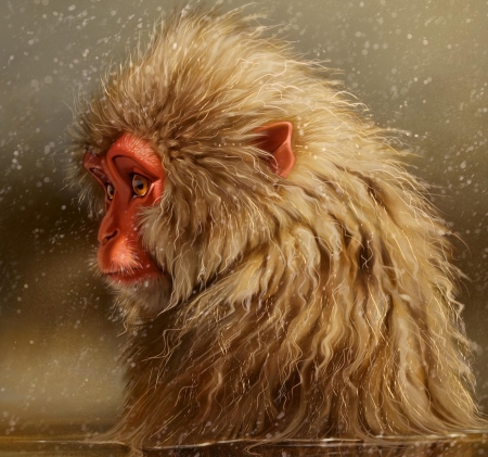 Snow Monkey - animal, art, maimuta, monkey, pixxus, snow, water, winter