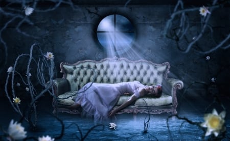 :) - fantasy, sleep, wayer, blue, sofa, girl, flower