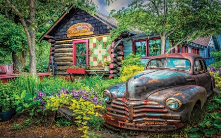 Part of the Garden - artwork, cabin, car, old, painting, plants, quilts
