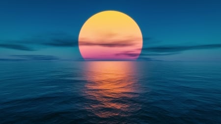 Moon rising - moon, water, yellow, sea, night, ocean, nature, riding, full moon