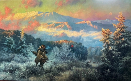 A Good Sign by Abraham Hunter - artwork, deer, landscape, man, mountains, painting, rocks, snow, trees