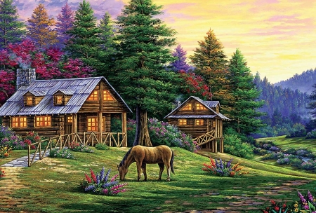 Rock of Wolves - trees, nature, painting, artwork, houses, horse