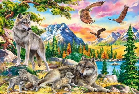 Wolf Family and Eagles - artwork, birds, lake, mountains, painting, trees, wolves