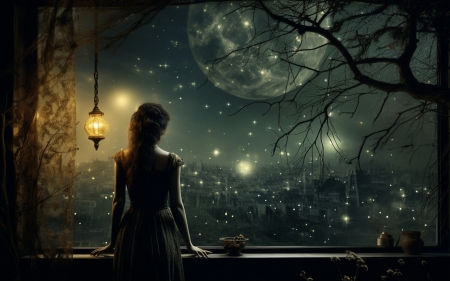 :) - moon, lights, night, fantasy, luna, girl, stars