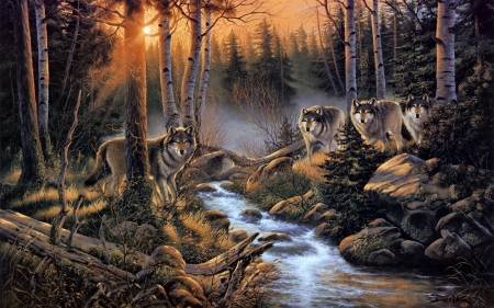 Sunset - pictura, wolf, forest, lup, sunset, river, derk hansen, art, source, painting, water
