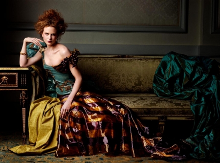 Nicole Kidman - yellow, sofa, girl, actress, like a painting, vogue, woman, model, john singer sargeant, nicole kidman