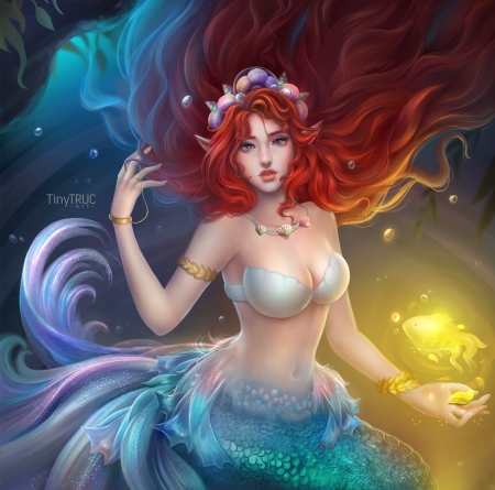 Mermaid - art, blue, fantasy, fish, girl, golden, mermaid, pesti, redhead, siren, tiny truc, tinytruc, yellow