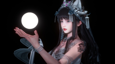 Fantasy girl - black, white, moon, fantasy, lun, girl, hand