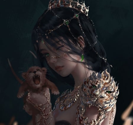 :) - cub, wlop, leu, girl, elf, fantasy, cute, princess, lion, art