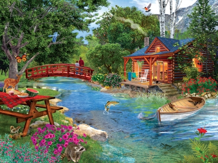Simple Pleasures - artwork, boat, bridge, cabin, painting, river, summer, trees