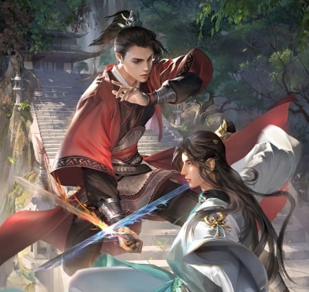 Fighters - fighter, fantasy, red, sword, man, asian, art, yang ningyuan