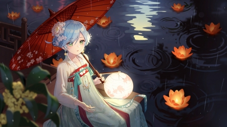 :) - moon, anime, water, girl, night, light, parasol, red, luna