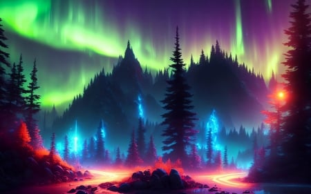 :) - colorful, aurora, fantasy, silhouette, night, forest, tree, luminos