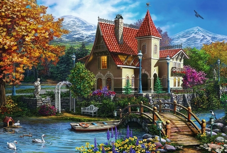 Mansion By The Lake - artwork, autumn, bridge, flowers, house, painting, trees, water
