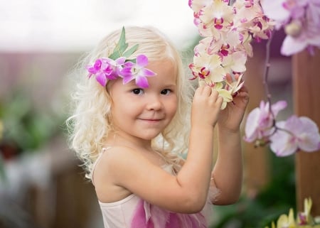 Little girl - childhood, little girl, blonde, girl, orchid, pink, copil, flower, child, wreath, cute