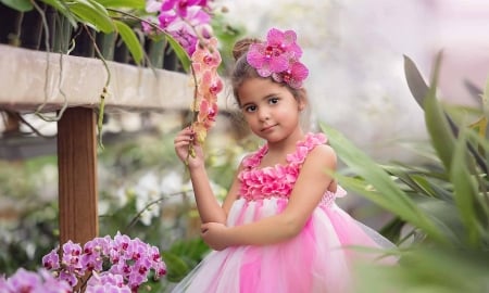 Little girl - childhood, little girl, girl, orchid, copil, pink, child, flowrer, cute