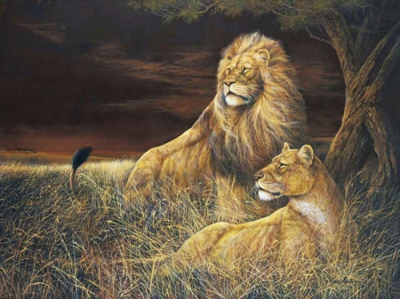 Winds of Serengetti - lioness, leu, ruane manning, winds of serengetti, cat, pictura, animal, painting, pisici, lion, art, couple, big cat